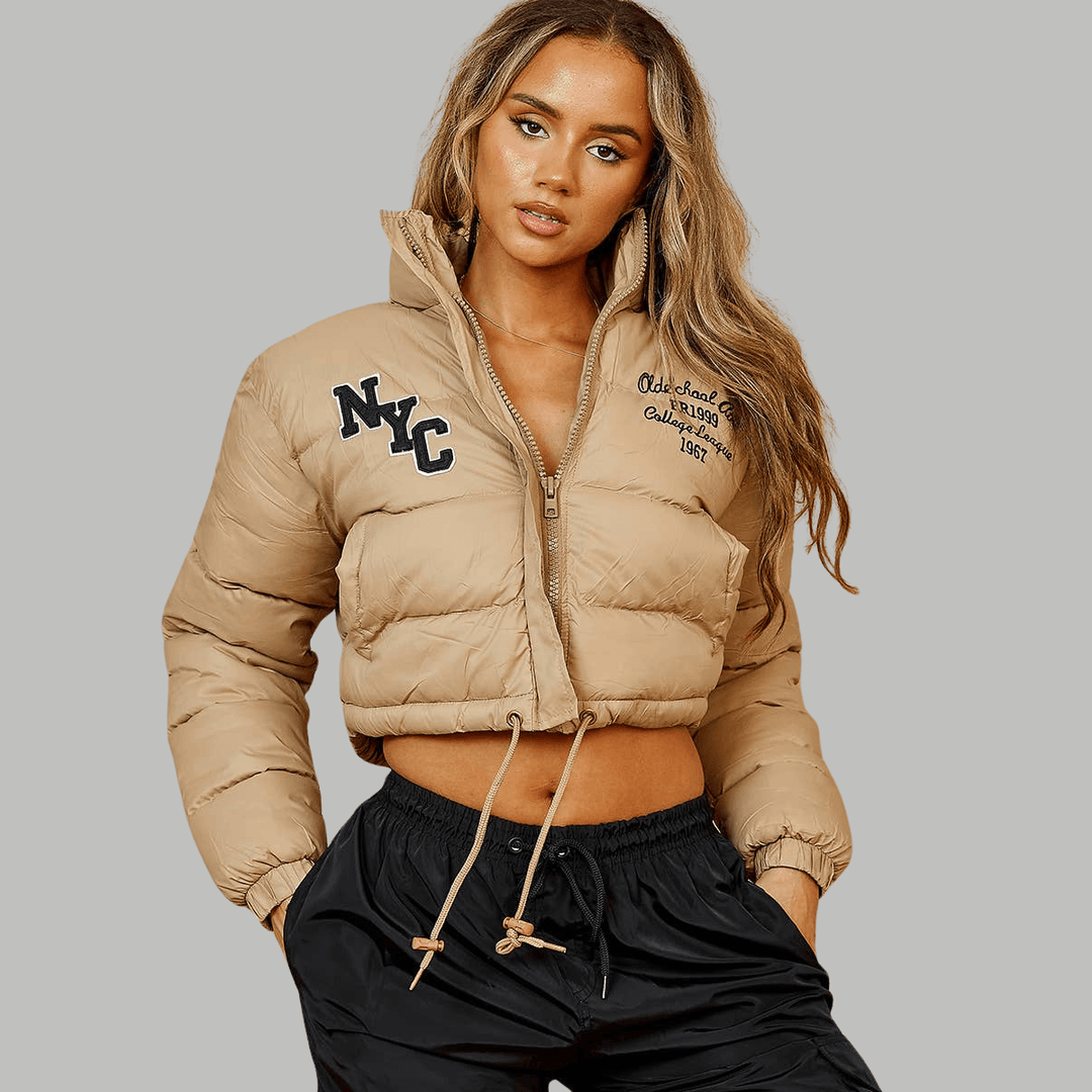 Kaliah NYC Embroidered Cropped Front Zipper Puffer Jacket