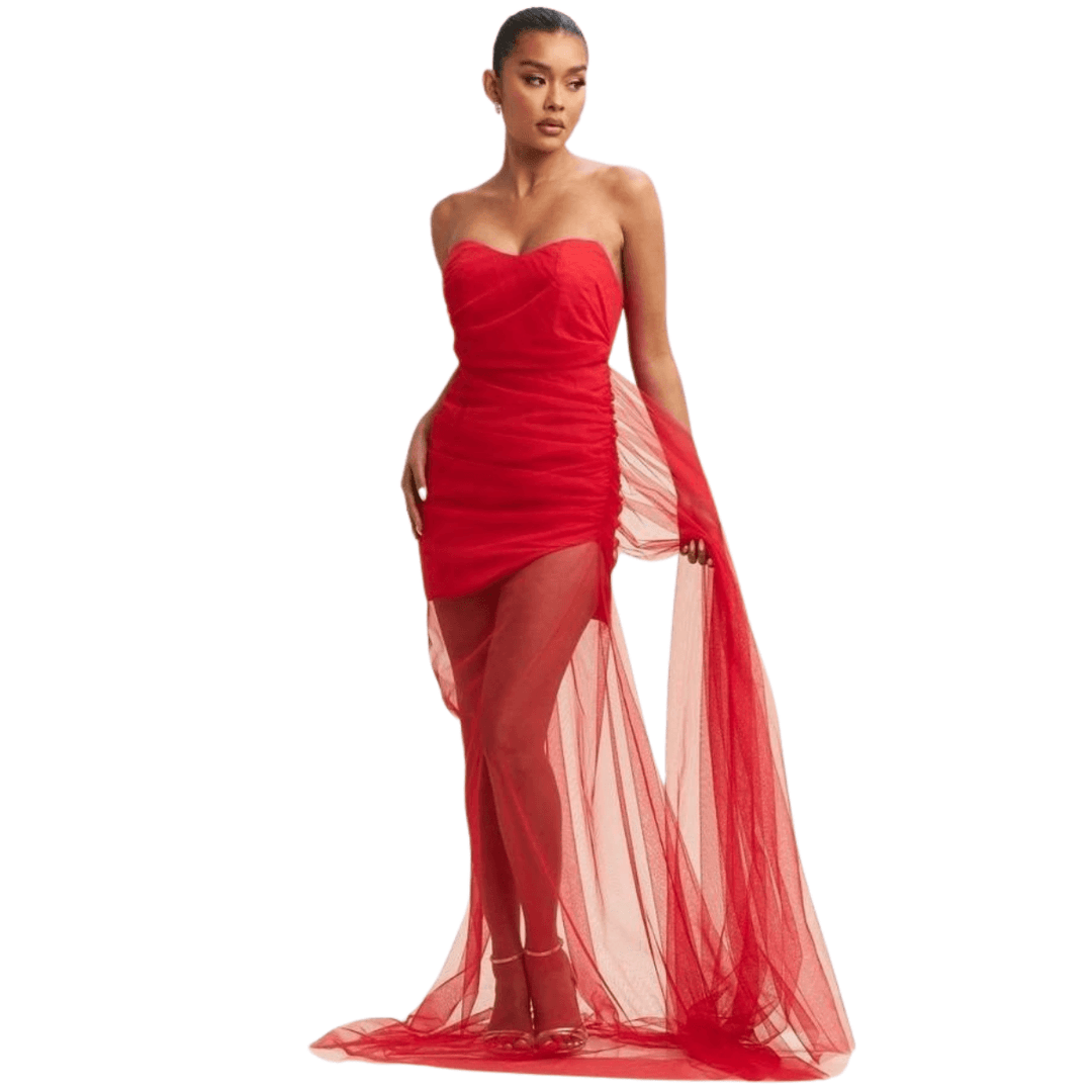 Mikayla Strapless Mesh Maxi Dress-Red