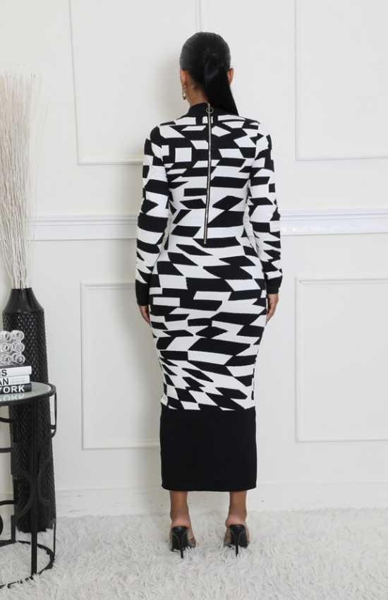 Claudia Knit Round Neck Long Sleeve Maxi Dress-Black/White