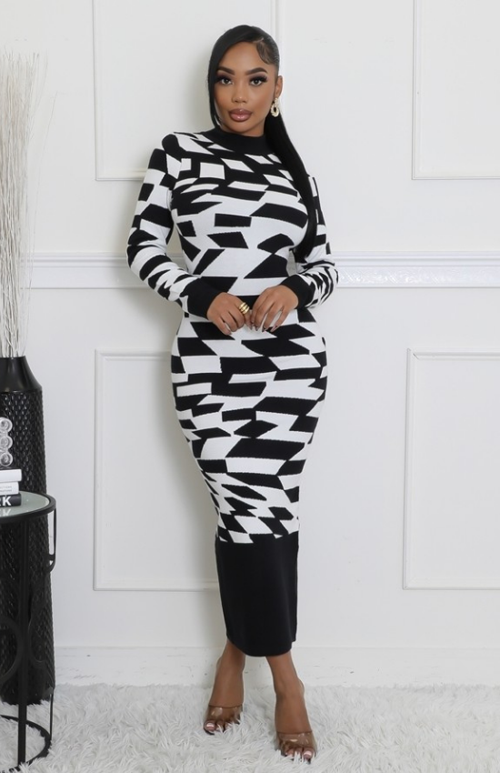 Claudia Knit Round Neck Long Sleeve Maxi Dress-Black/White