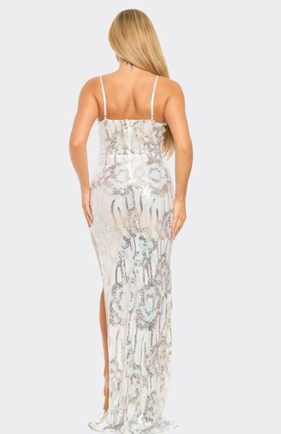 Kellie Sequin Split Thigh Front V-Neck Back Zipper Maxi Dress-White