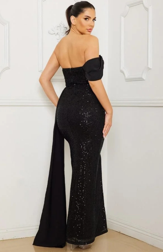 Marlie Sequin And Satin Off Shoulder Maxi Dress-Black