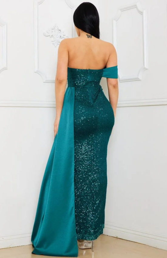 Marlie Sequin And Satin Off Shoulder Maxi Dress-Hunter Green