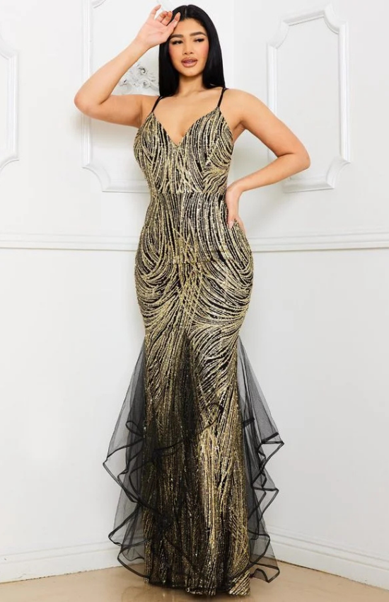 Sandie Glued Glitter Swirl Patterned Maxi Dress-Gold