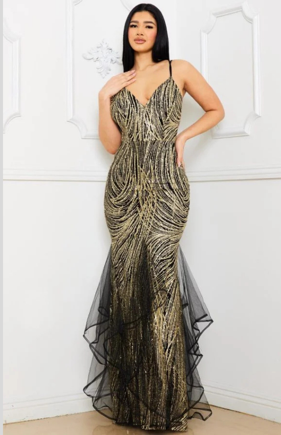 Sandie Glued Glitter Swirl Patterned Maxi Dress-Gold