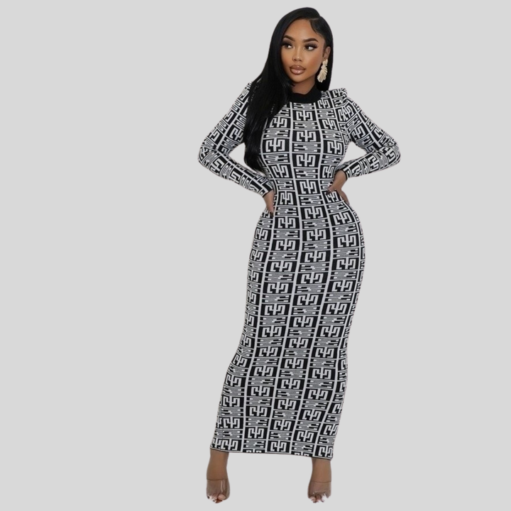 Avena open Back Stretch Round Neck  Long Sleeves Maxi Dress