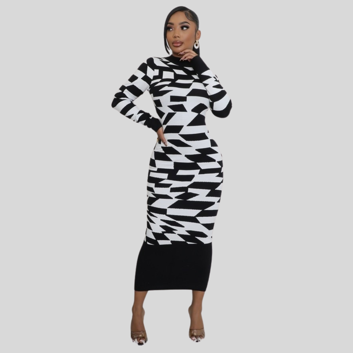 Claudia Knit Round Neck Long Sleeve Maxi Dress-Black/White