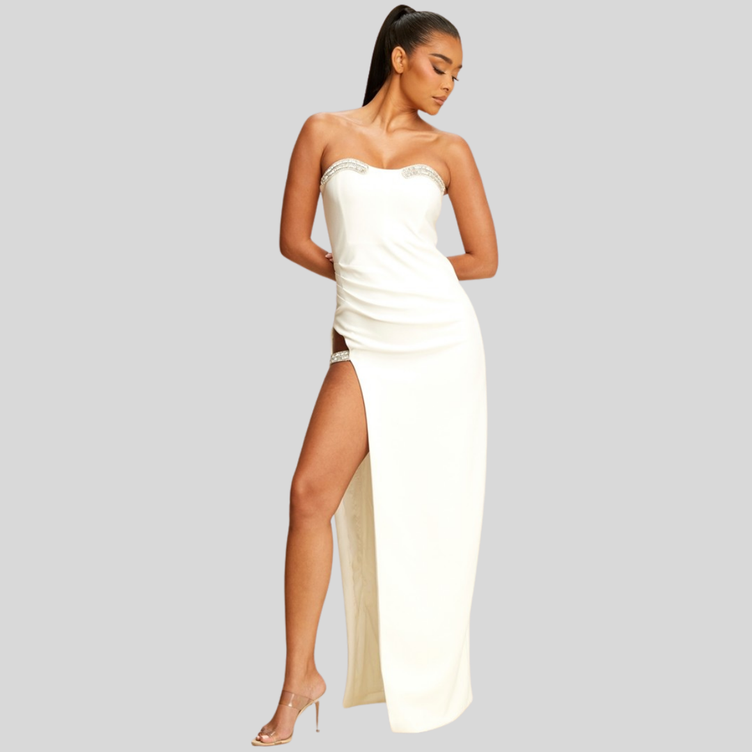 Djoune Embellished Wide Slit Maxi Dress-White