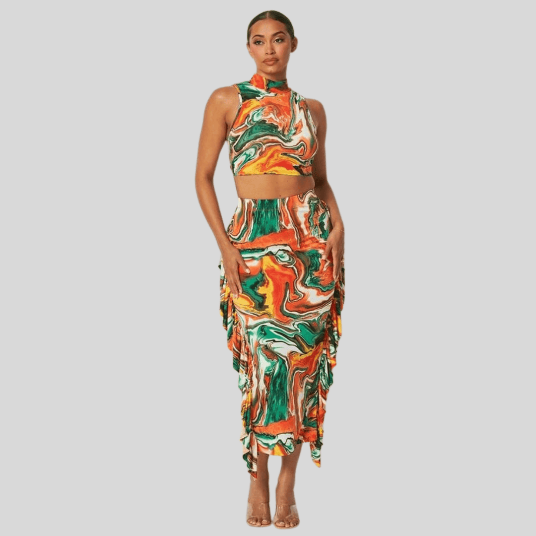 Clara Stretch Mock Neck Crop Top Back Cut-with Drawstring Matchin Midi Skirt Set-Orange