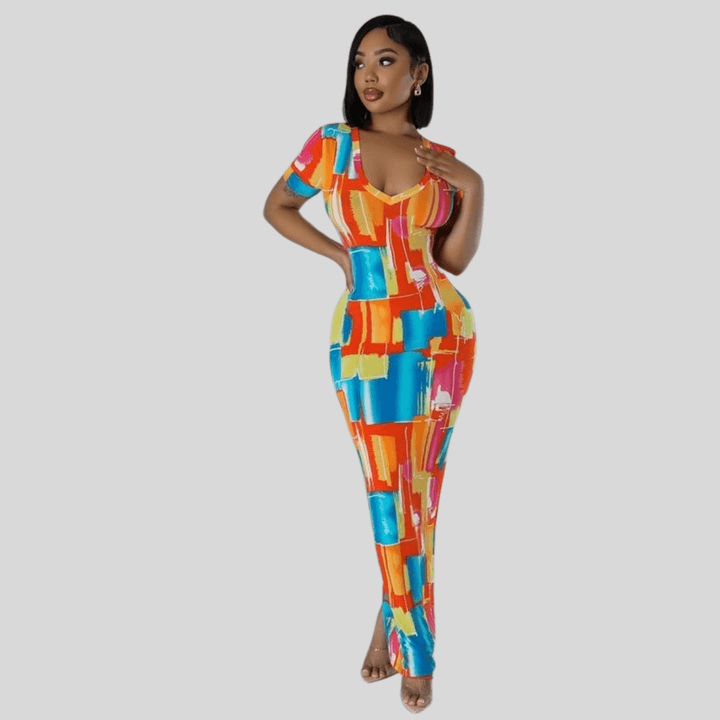 Emily V-Neck Short Sleeves No Closure Stretch Maxi Dress-Multi