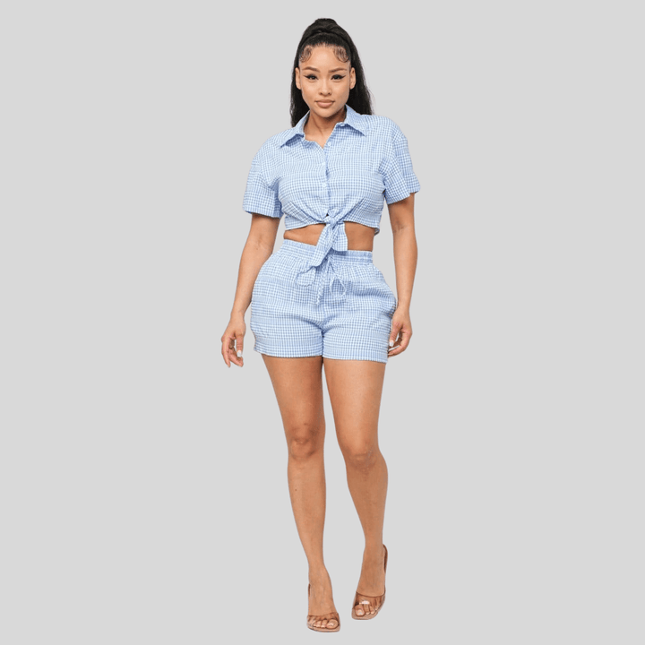 Djoune Seersucker Print Front Functional Button Down Shorts Set