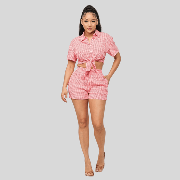 Djoune Seersucker Print Front Functional Button Down Shorts Set