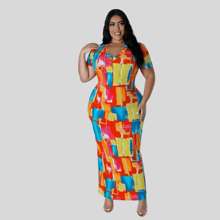 Emily Plus Size V-Neck Short Sleeves No Closure Stretch Maxi Dress-Multi