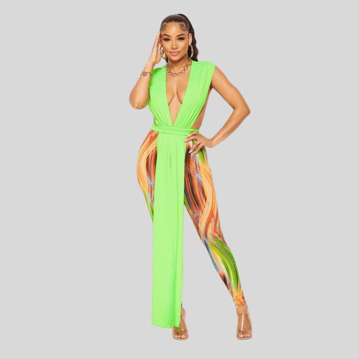 Alyssa Long Wrap See Through Top Sleeveless Open Widely and Leggings Set-Green