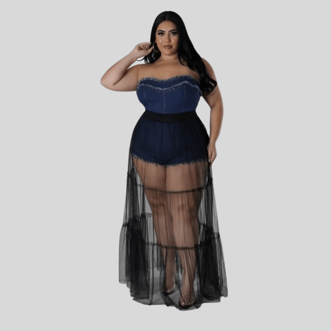 Karla Plus Size Non-Stretch Romper Denim Tube Back Zipper Closure Tulle Long Skirt