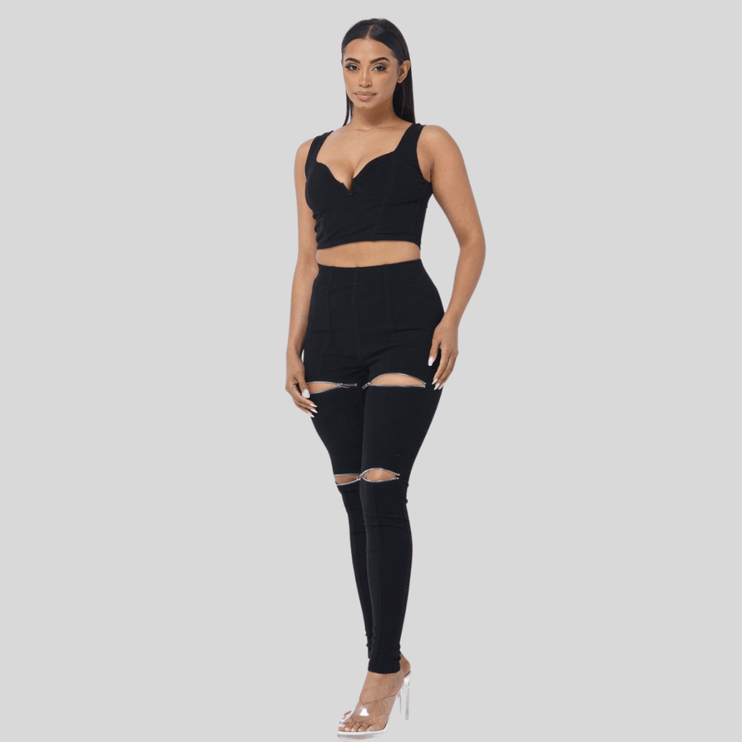 Daniel Spaghetti strap crop top with high zipper legging set