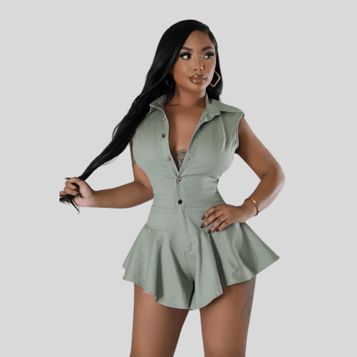 Arianna Collar Sleeveless Front Button Closure Romper-Olive