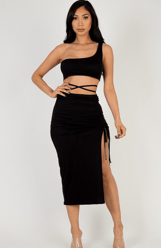 Salie one shoulder Two Piece crop top and skirt set Side Slit Set