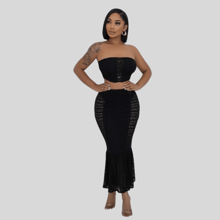 Kaliah Mesh Lace Tube Top Size Zipper Closure Skirt Set-Black