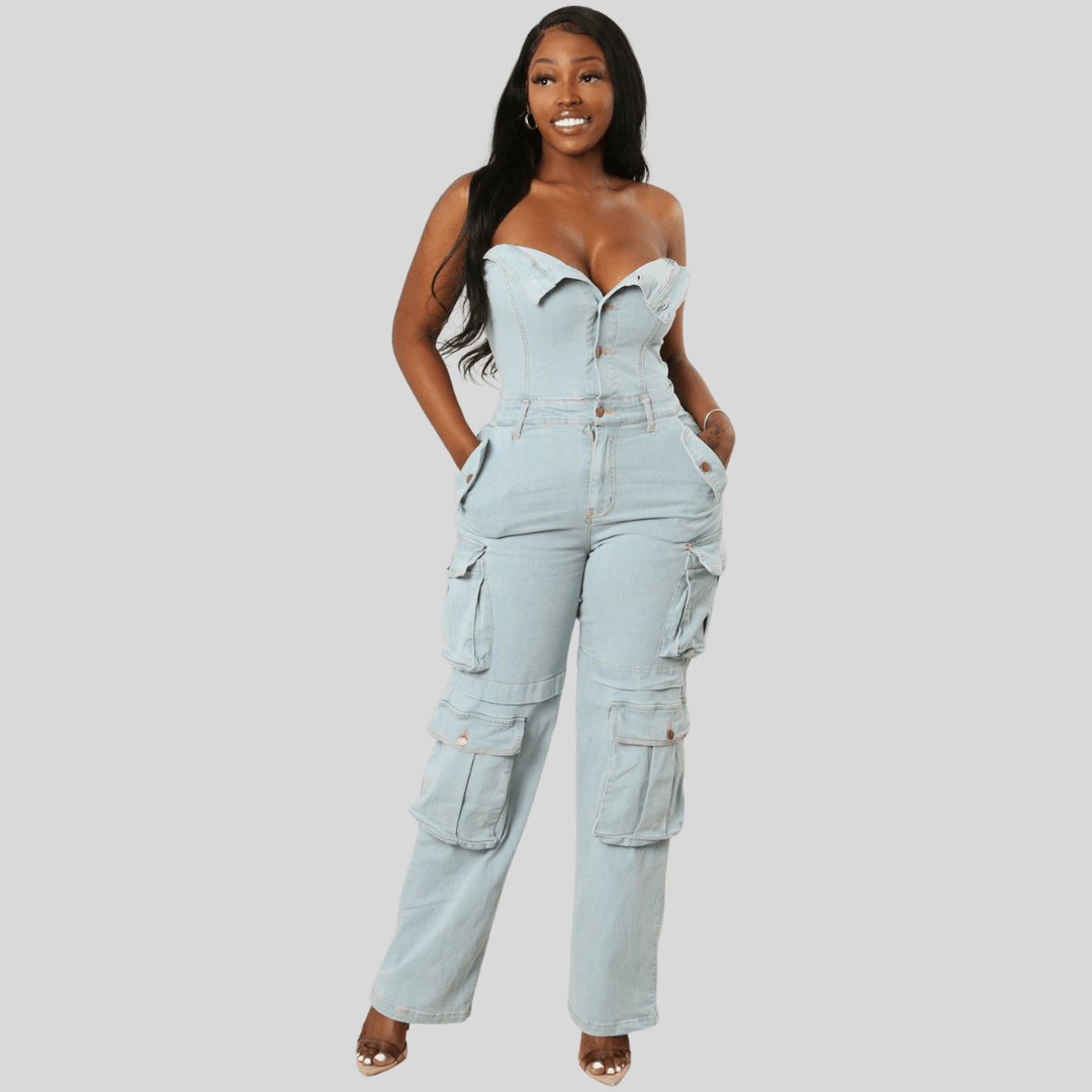 Diana Button Up Sleeveless Cargo Denim Jumpsuit