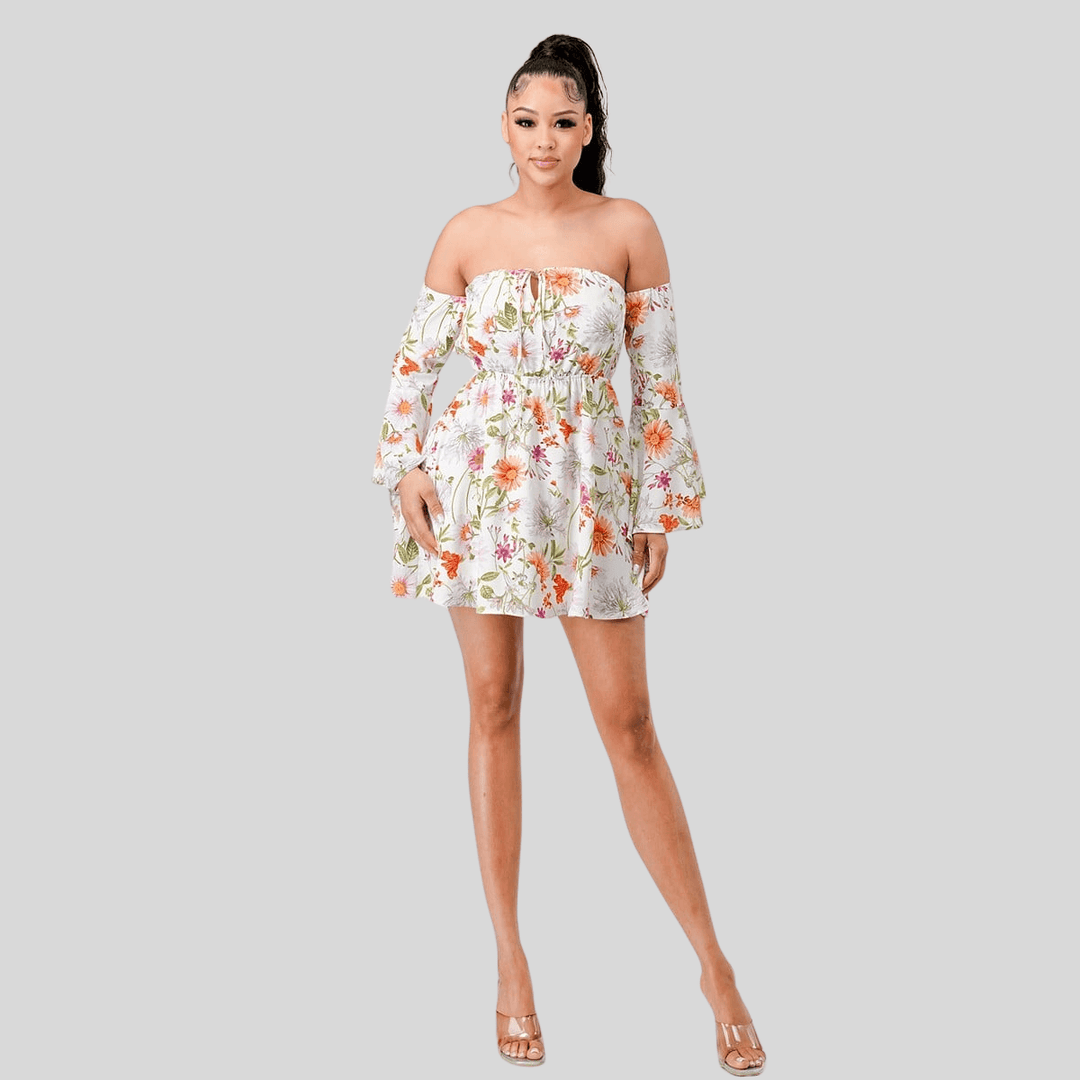 Lala Off Shoulder Bell Sleeves Keyhole Floral Mini Dress-Ivory