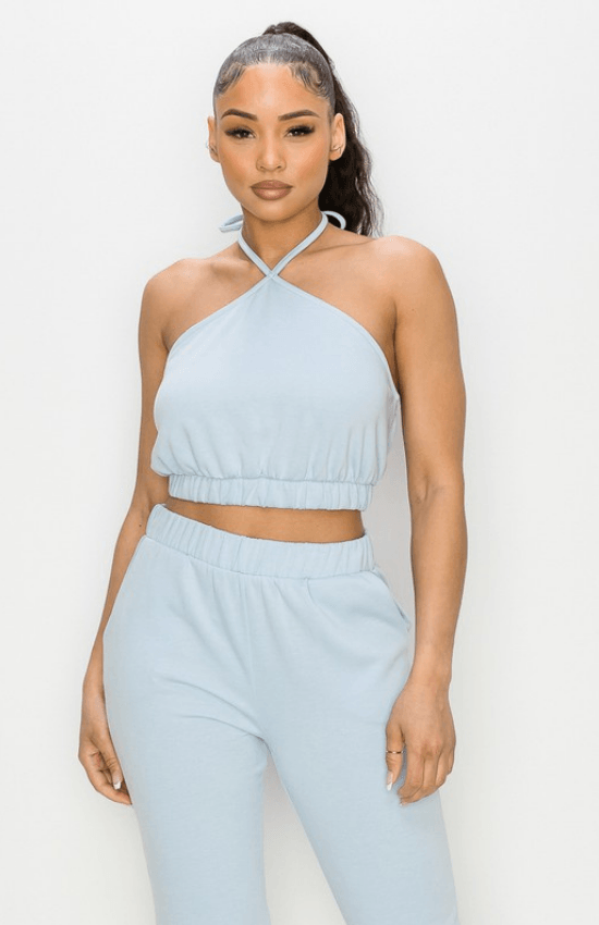 Kay crop top halter neckline with tie and jogger pants-Light Blue