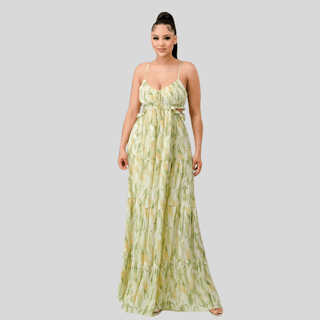 Junelle Floral Print Chiffon Ruffle Side Cut Out Maxi Dress-Sage