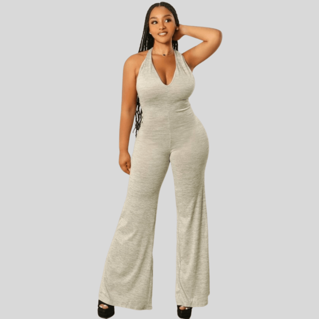 Evely Halter Neck Loose Legs Jumpsuit-Heather Grey