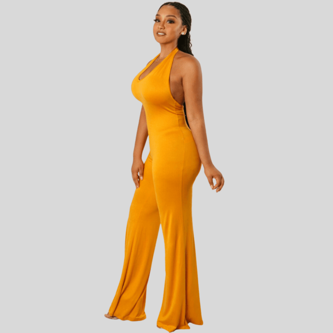 Evely Halter Neck Loose Legs Jumpsuit-Mustard