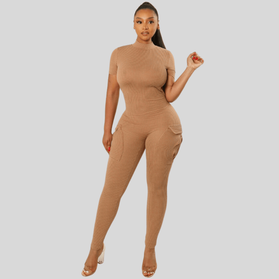 Laila Pattern Ribbed Open Back Mock Neck Jumpsuit-Khaki