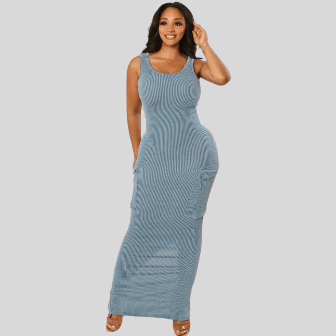 Landa Sleeveless U- Neck Bodycon Cargo Maxi Dress-Light Denim