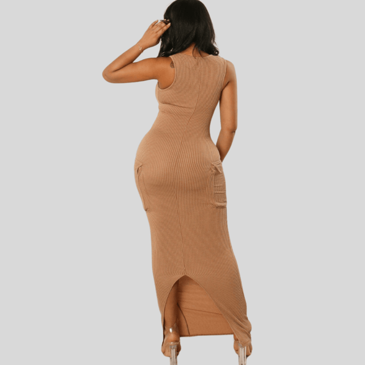 Landa Sleeveless U- Neck Bodycon Cargo Maxi Dress-Taupe