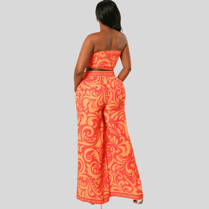 Cassie Pattern Print Shirring Front Tie Tank top and Pants Set-Orange