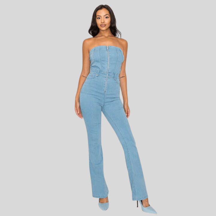 Lisa Woven Tube Denim Front Zipper Closure Five- Pocket Jumpsuit- Light Denim