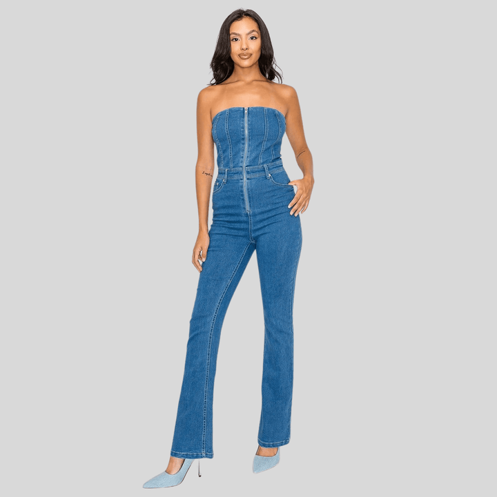 Lisa Woven Tube Denim Front Zipper Closure Five- Pocket Jumpsuit- Medium Denim