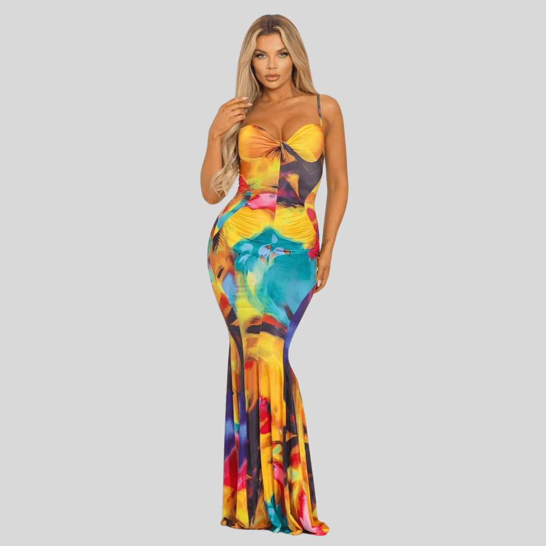 Fabiola Knotted bodice Multi Abstract Print Maxi Dress-Yellow Multi