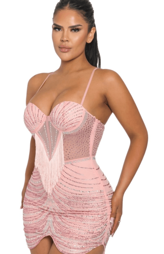 Liana Rhinestone Elegant Bodycon Mini Dress-Pink