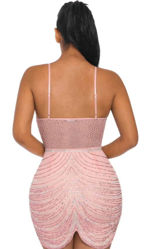 Liana Rhinestone Elegant Bodycon Mini Dress-Pink