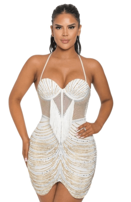 Liana Rhinestone Elegant Bodycon Mini Dress-White