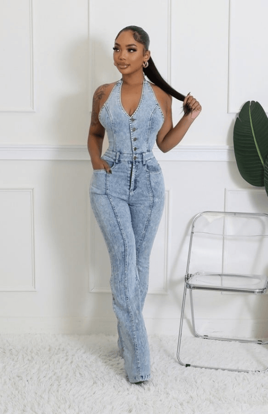 Chic Fashion Semi- Stretch Denim Halter V-Neck Open Back Front Button Zipper Jumpsuit