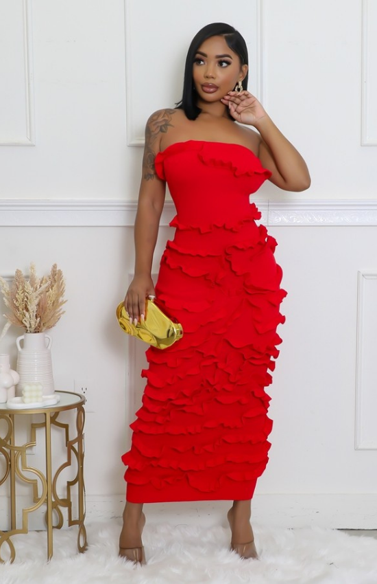 Elegant Tube Knitted Texture Stretch Maxi Dress-Red