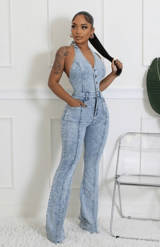 Chic Fashion Semi- Stretch Denim Halter V-Neck Open Back Front Button Zipper Jumpsuit