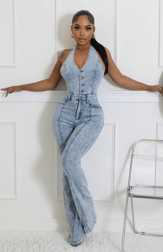 Chic Fashion Semi- Stretch Denim Halter V-Neck Open Back Front Button Zipper Jumpsuit