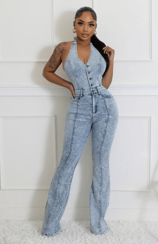 Chic Fashion Semi- Stretch Denim Halter V-Neck Open Back Front Button Zipper Jumpsuit