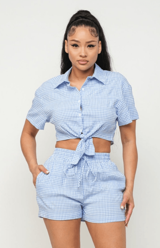 Djoune Seersucker Print Front Functional Button Down Shorts Set