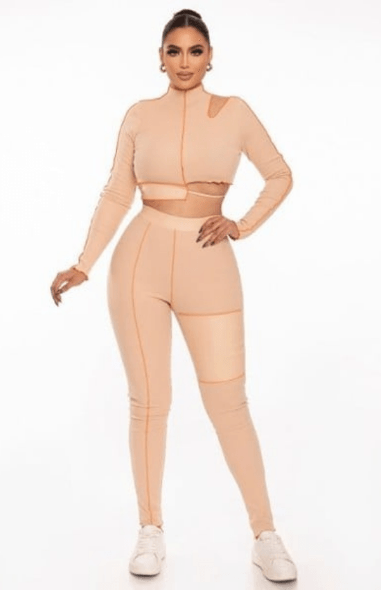 Lina Long Sleeve Cropped Top With Hight Waist Matching Legging Set-Nude