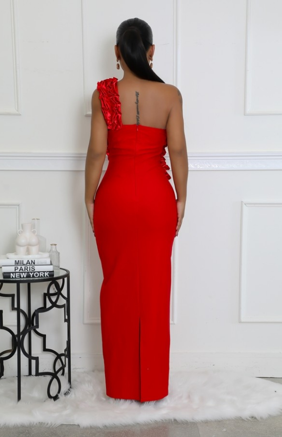 One Shoulder Sleeveless Cutout Ruffles Stretch Maxi Dress-Red