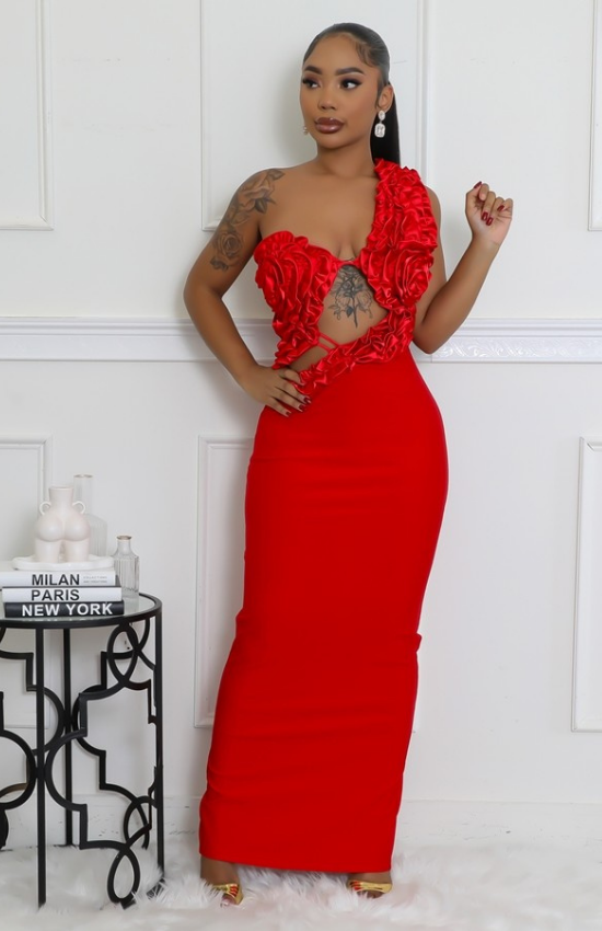 One Shoulder Sleeveless Cutout Ruffles Stretch Maxi Dress-Red