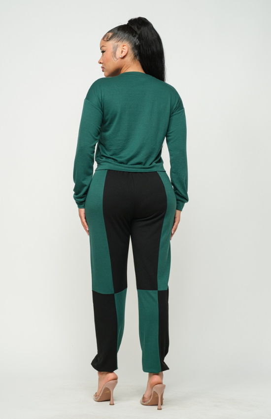 Lisa solid long sleeve top and color block pants set