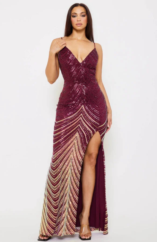 Lisa Ombre Sequin Chevron Pattern Open Back Maxi Dress-Maroon